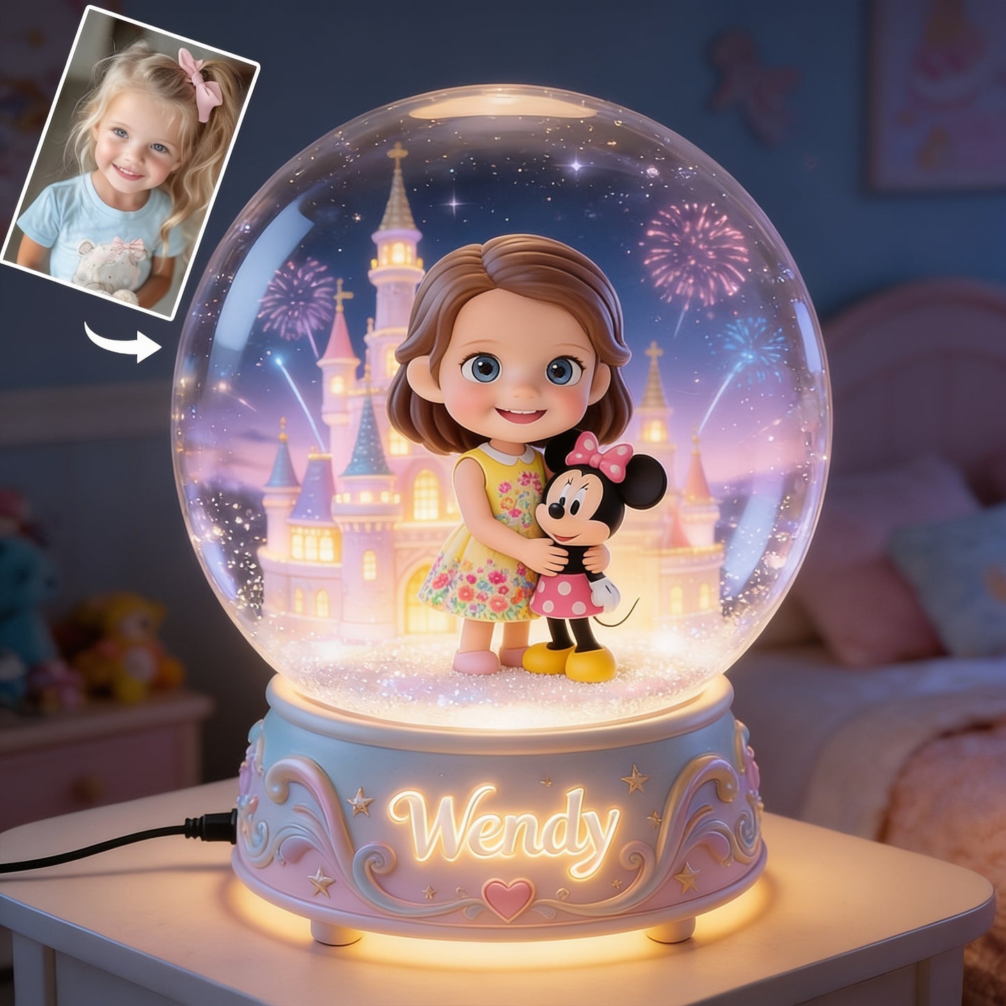 Custom Any Photo Magical Friends - Personalized Little Girl with Ponytail and Pink Bow Acrylic LED Night Light