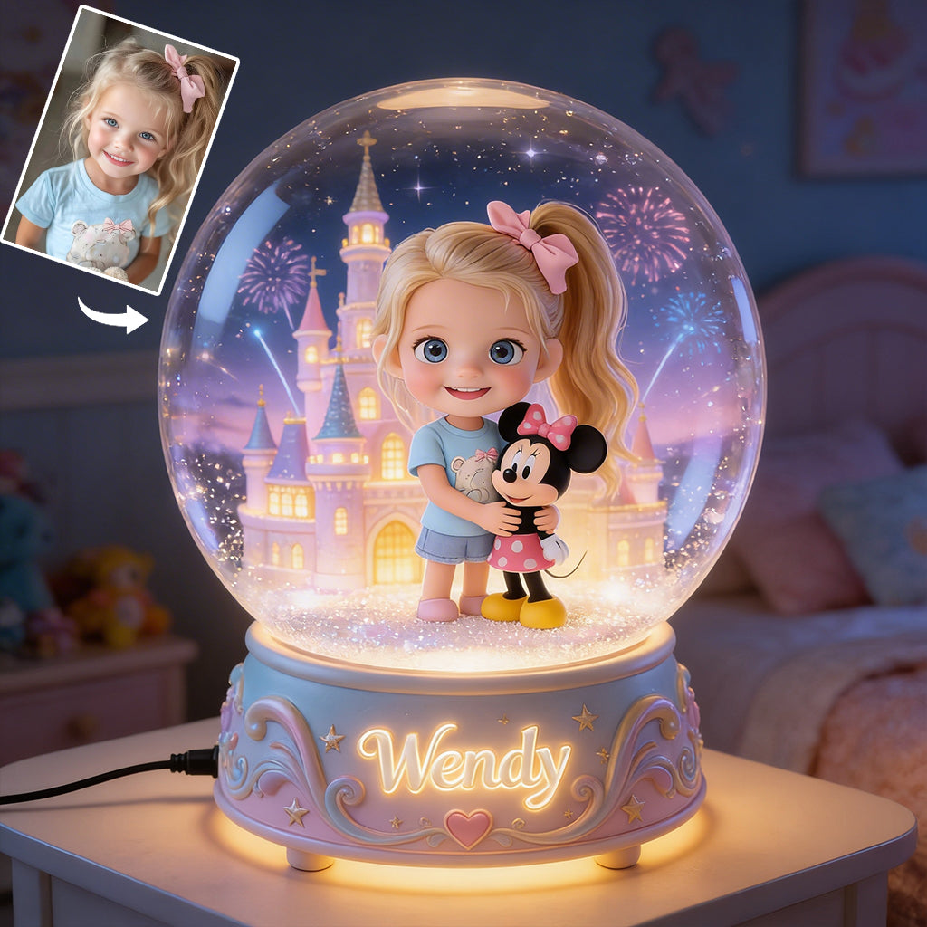 Custom Any Photo Magical Friends - Personalized Little Girl with Ponytail and Pink Bow Acrylic LED Night Light