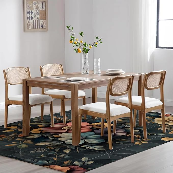 Tapis à motifs floraux, feuilles et plantes, antidérapant et lavable, pour l'intérieur. Tapis à poils courts qui ne perd pas ses poils, idéal pour le salon, la chambre, la salle à manger et la décoration intérieure. 