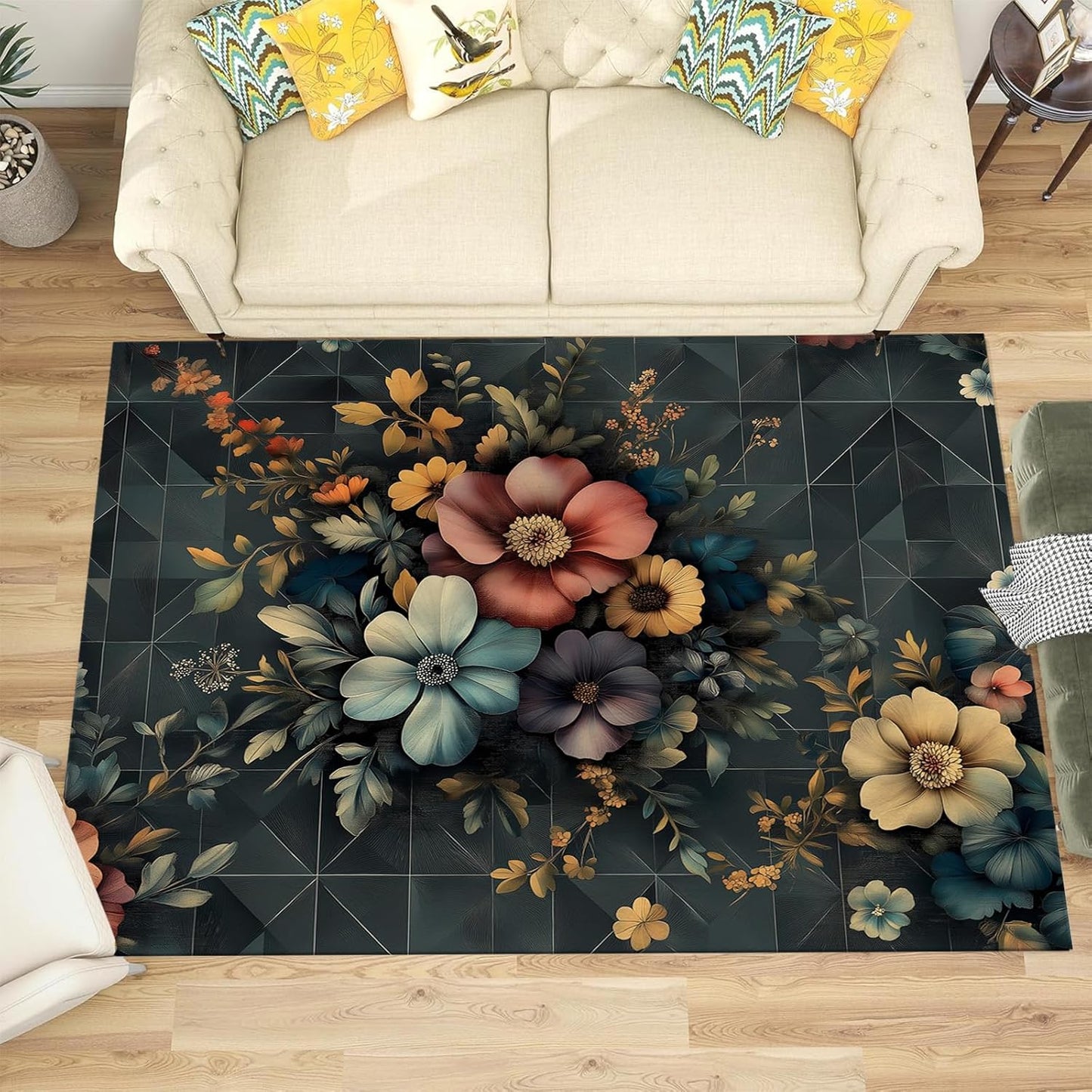 Tapis à motifs floraux, feuilles et plantes, antidérapant et lavable, pour l'intérieur. Tapis à poils courts qui ne perd pas ses poils, idéal pour le salon, la chambre, la salle à manger et la décoration intérieure. 