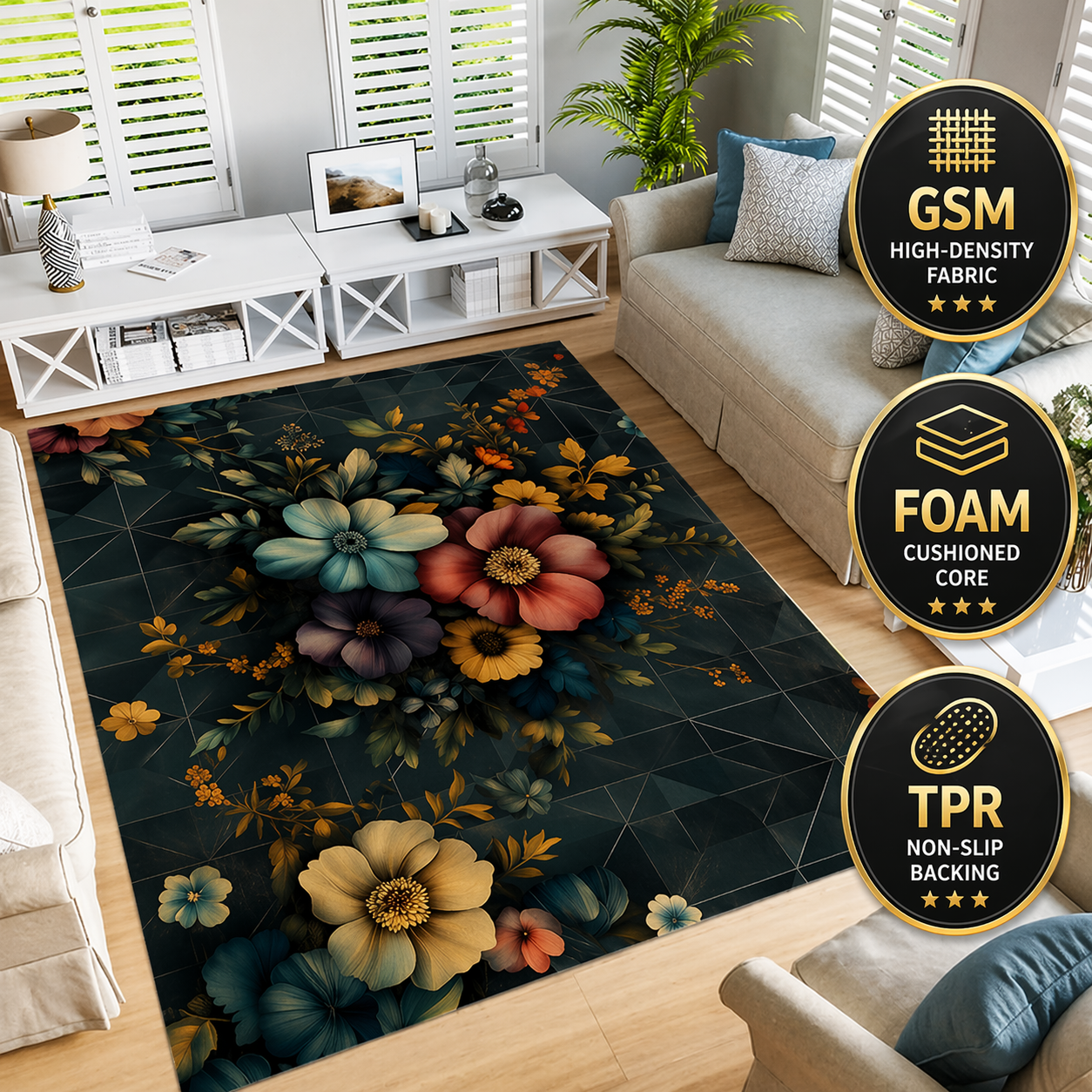 Tapis à motifs floraux, feuilles et plantes, antidérapant et lavable, pour l'intérieur. Tapis à poils courts qui ne perd pas ses poils, idéal pour le salon, la chambre, la salle à manger et la décoration intérieure. 