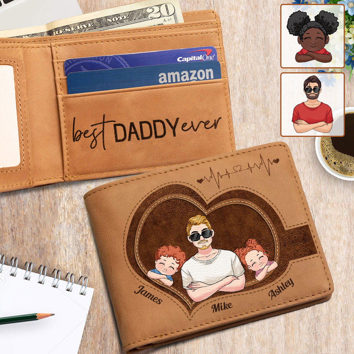 Meilleur papa du monde - Portefeuille en cuir personnalisé pour papa
