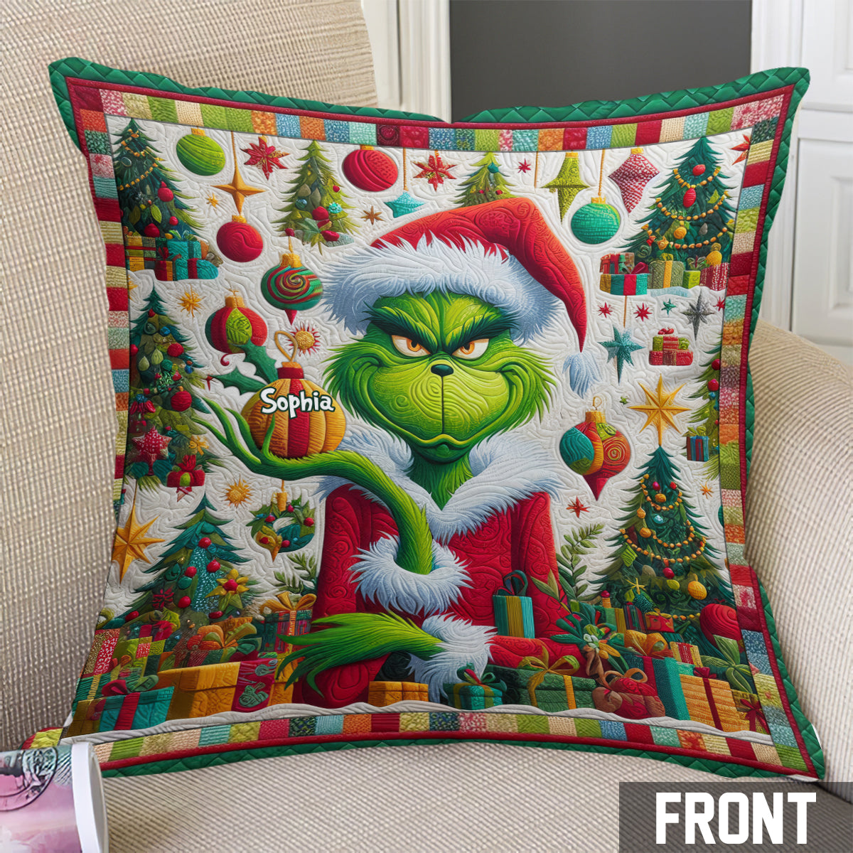 Joyeux Grinchmas - Coussin décoratif de Noël personnalisé avec étole