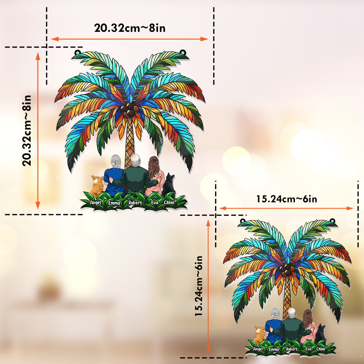 Famille sous le palmier - Attrape-soleil personnalisé à suspendre à la fenêtre 