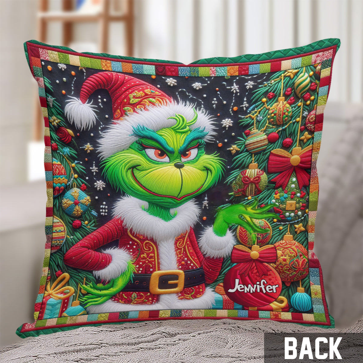 Joyeux Grinchmas - Coussin décoratif de Noël personnalisé avec étole