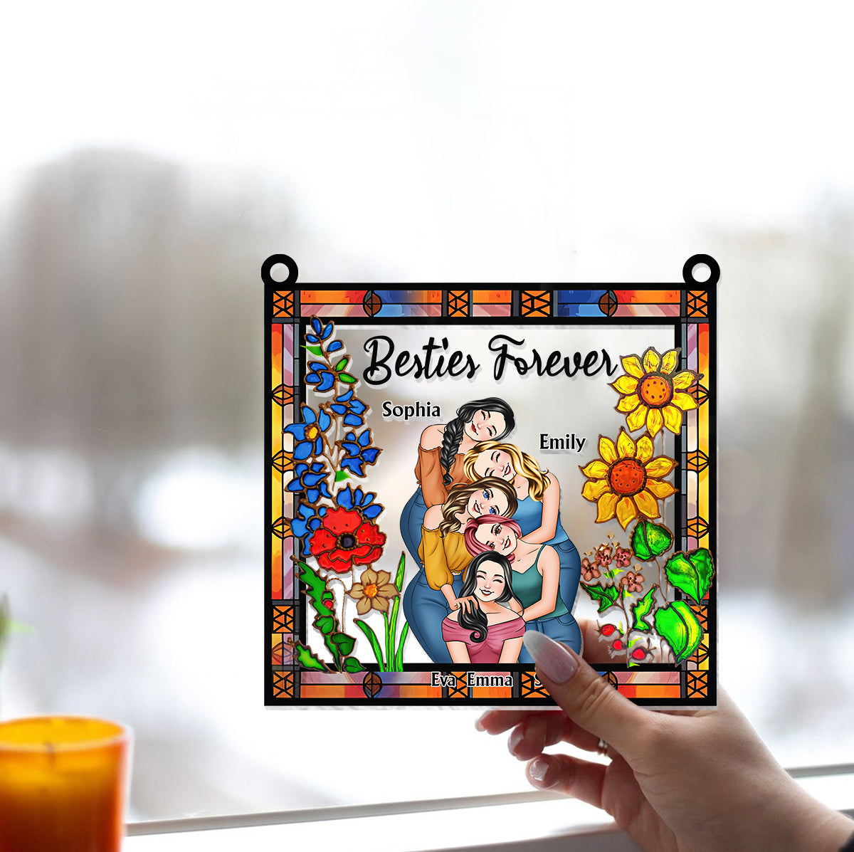 Meilleures amies pour toujours - Décoration attrape-soleil personnalisée à suspendre à la fenêtre, style floral - Idéale pour les meilleures amies 