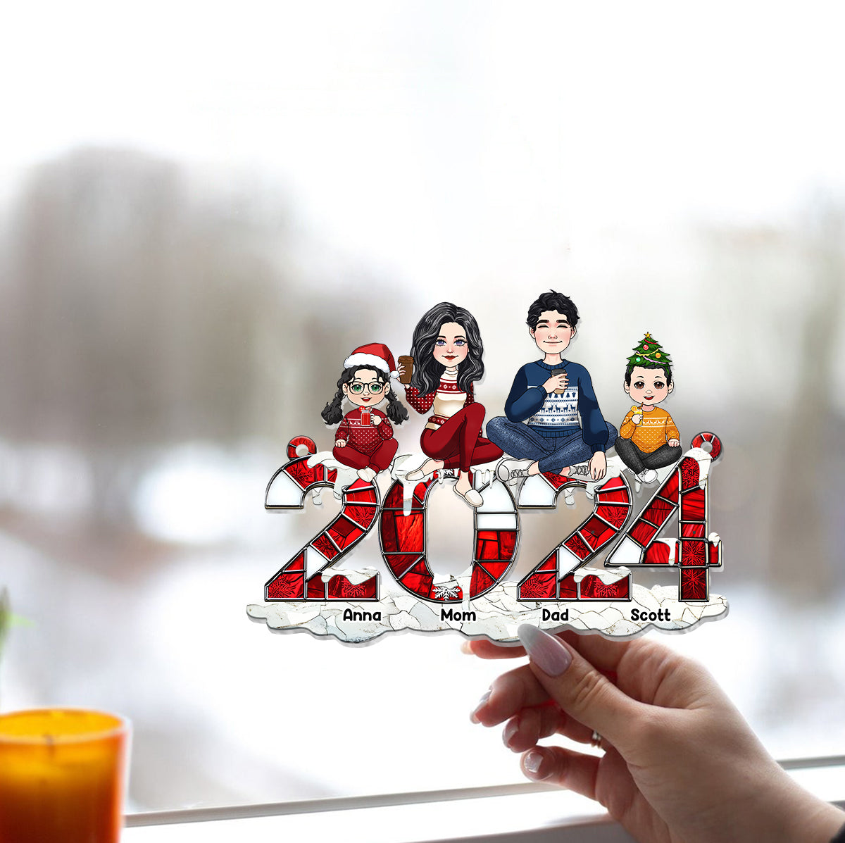 Noël 2024 - Décoration de Noël personnalisée pour toute la famille, attrape-soleil à suspendre à la fenêtre 