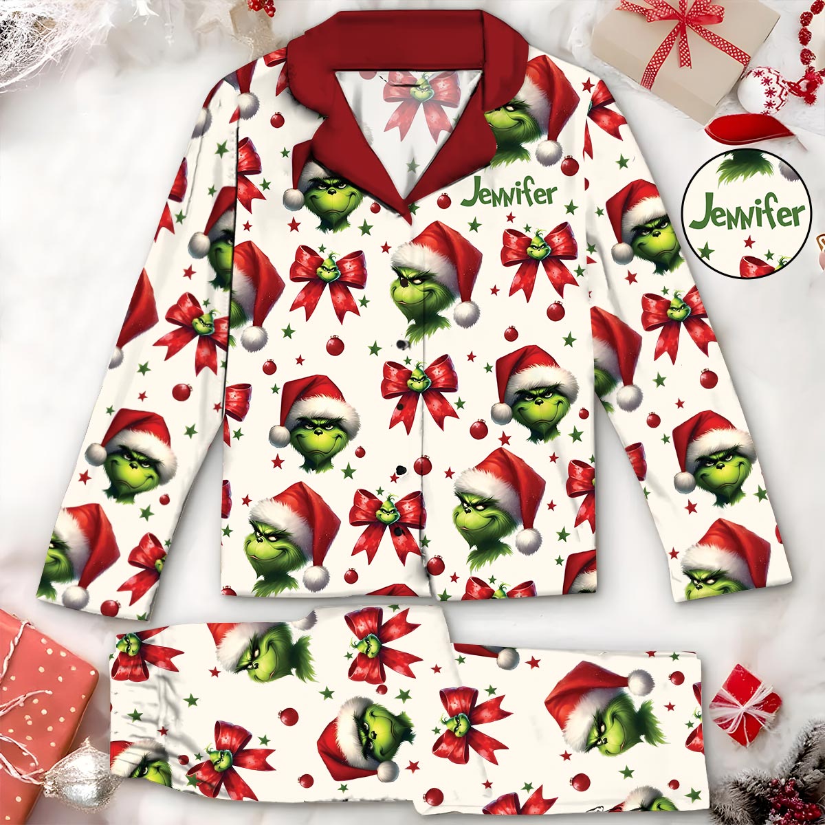 Pyjama de Noël Coquette Grinchmas - Étole personnalisée et chemise à boutons