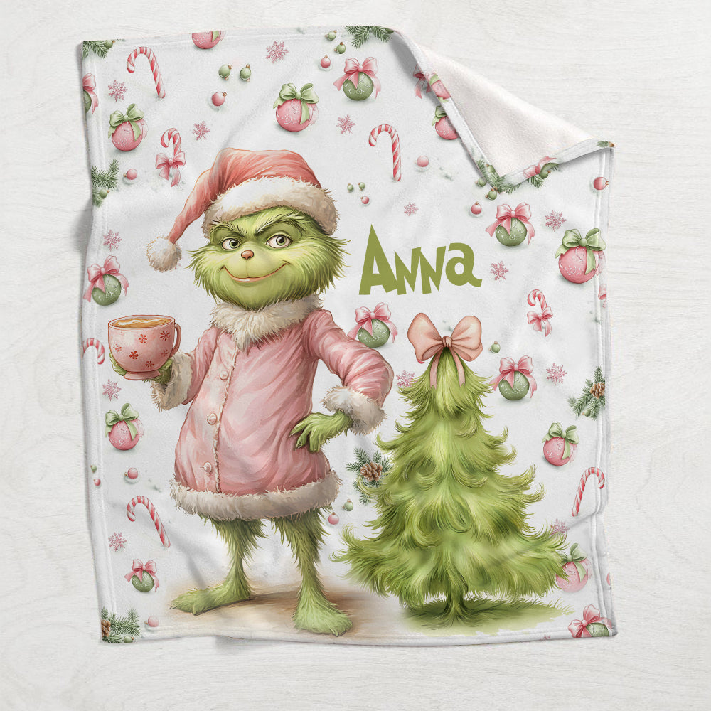 Étole de Noël personnalisée rose Grinchy et verte - Couverture de Noël