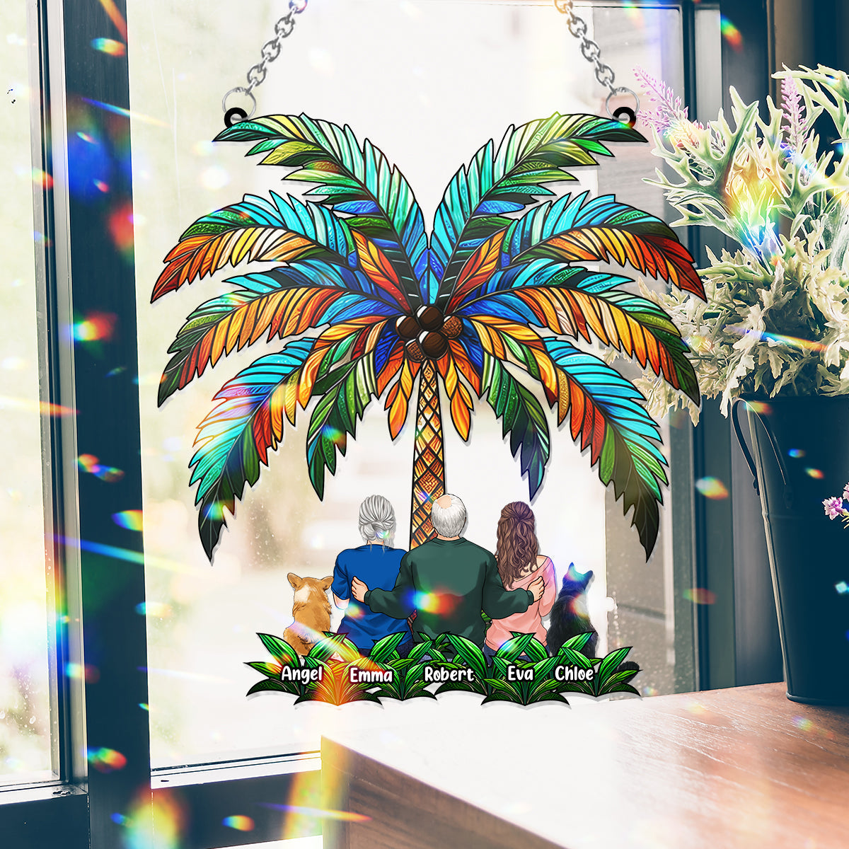 Famille sous le palmier - Attrape-soleil personnalisé à suspendre à la fenêtre 