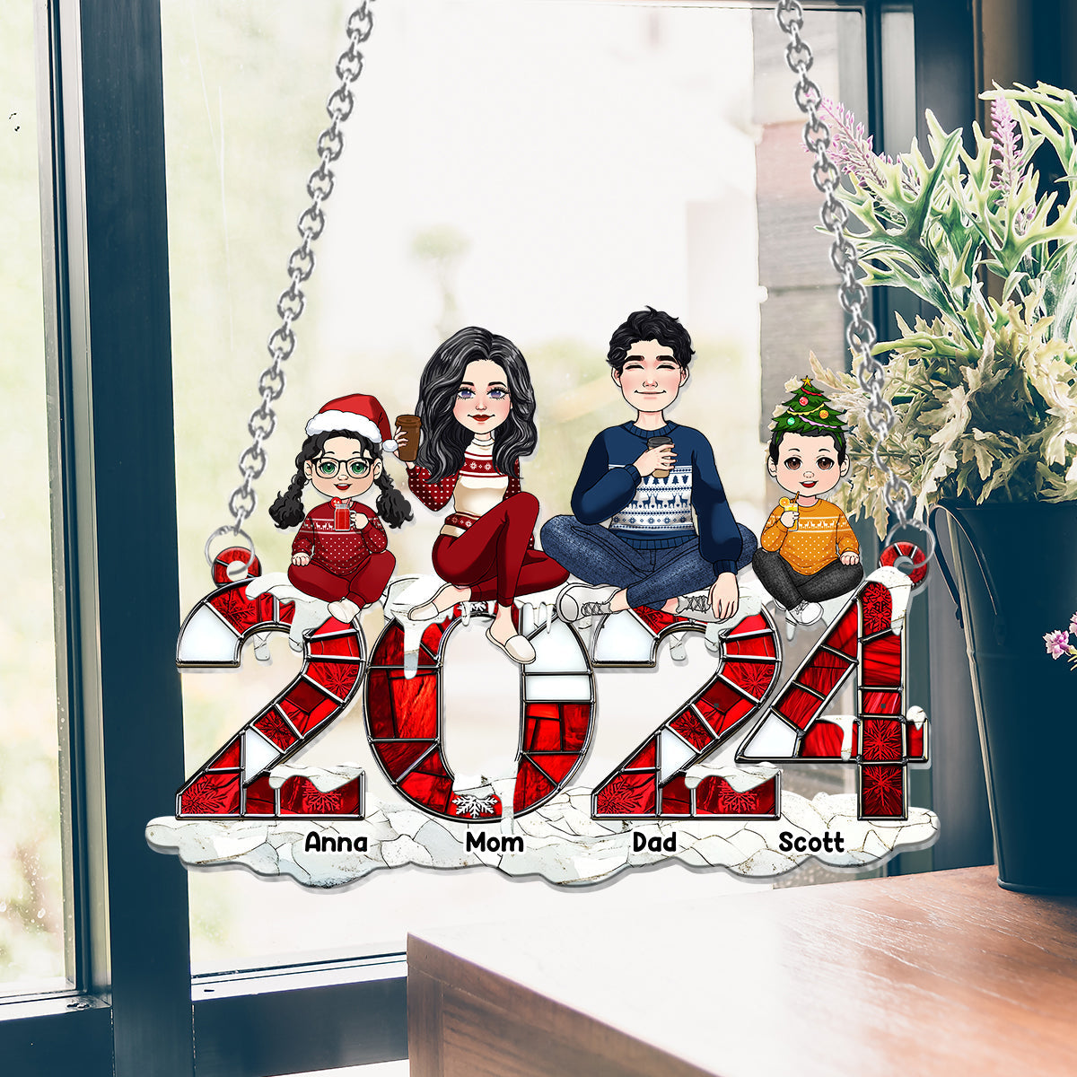 Noël 2024 - Décoration de Noël personnalisée pour toute la famille, attrape-soleil à suspendre à la fenêtre 
