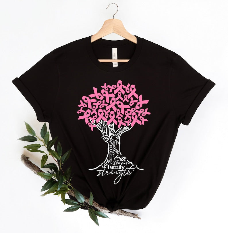 T-shirt Arbre au Ruban Rose, T-shirt Arbre contre le Cancer, T-shirt Combattante contre le Cancer du Sein, T-shirt Sensibilisation au Cancer du Sein, T-shirt et Sweat à Capuche Ruban Rose Sensibilisation au Cancer du Sein 0924